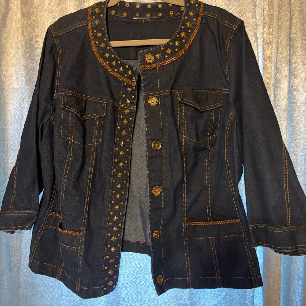 Dark Indigo Denim Jacket with Stud Trim - Women's Jacket